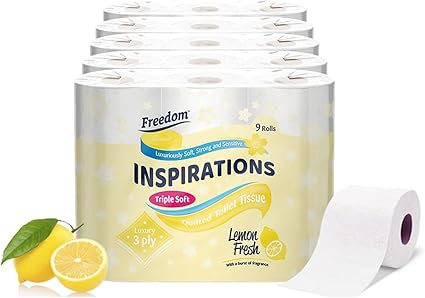 Freedom Inspirations Luxury 3Ply Toilet Roll - 45 Quilted Lemon Fresh Triple Soft and Scented Hygiene Bulk White Toilet Tissue and Loo Rolls