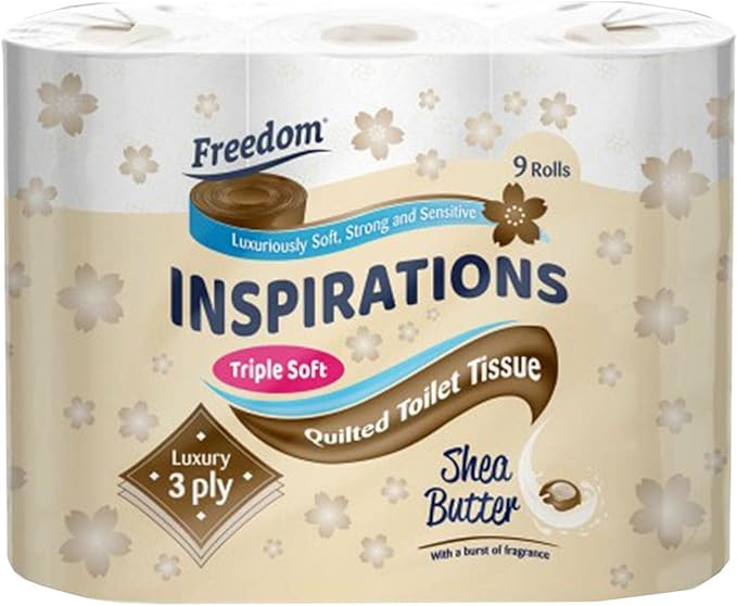 Freedom Inspirations Luxury 3Ply Toilet Roll - 45 Quilted Shea Butter Triple Soft and Scented Hygiene Bulk White Toilet Tissue and Loo Rolls